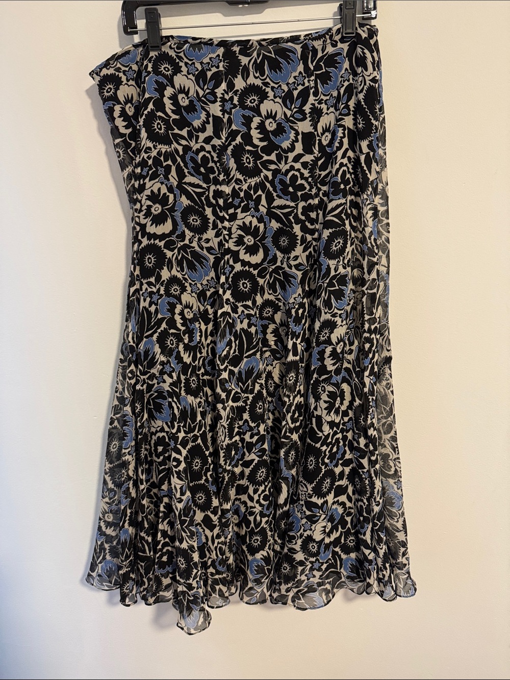 Floral A-Line Midi Skirt in Black, Cream & Blue